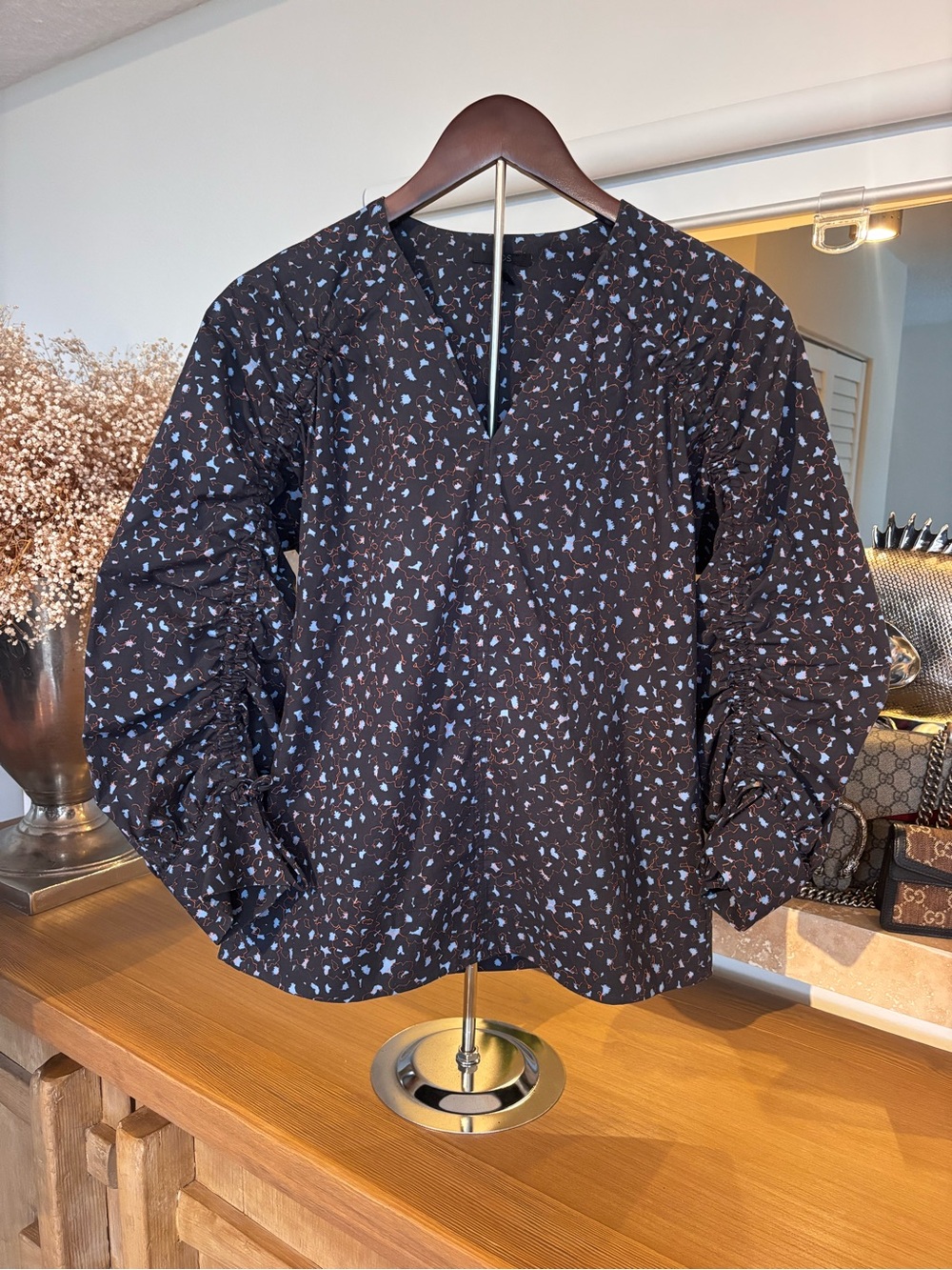 COS Floral Ruched Sleeve V-Neck Blouse Deep Blue Purple Size 2 Cotton Y2K Fall